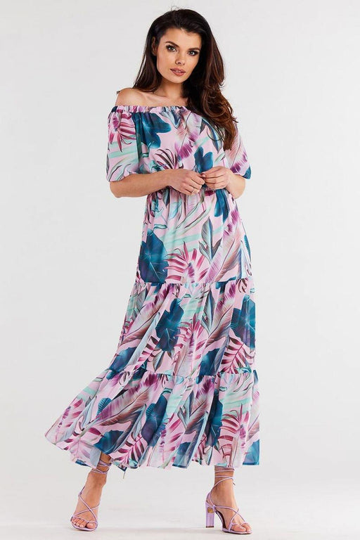 Chic Chiffon Long Dress with Flutter Sleeves & Elastic Waistband