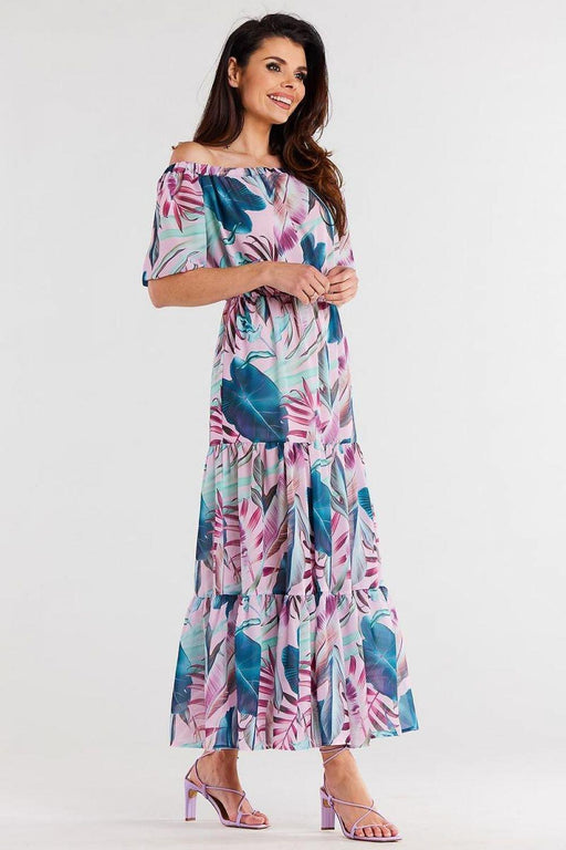 Chic Chiffon Long Dress with Flutter Sleeves & Elastic Waistband