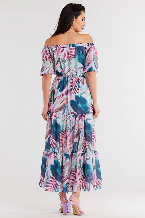 Chic Chiffon Long Dress with Flutter Sleeves & Elastic Waistband