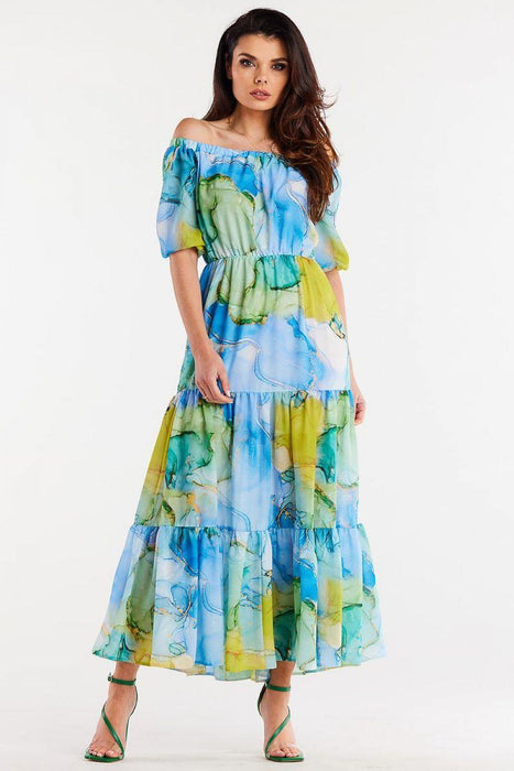 Chic Chiffon Long Dress with Flutter Sleeves & Elastic Waistband