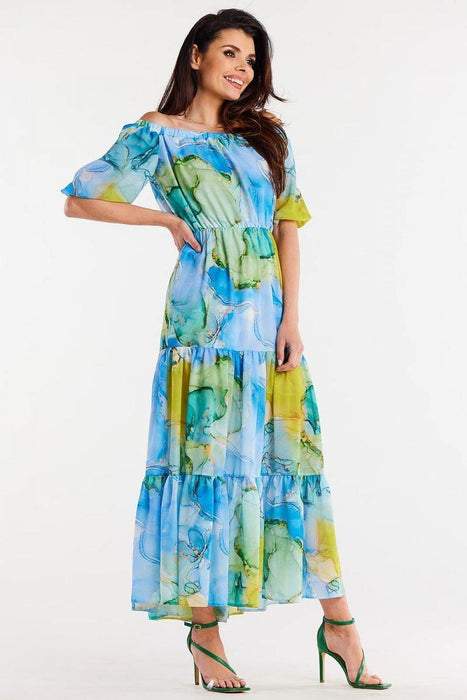 Chic Chiffon Long Dress with Flutter Sleeves & Elastic Waistband