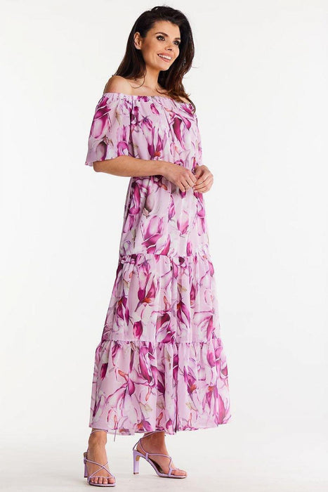 Chic Chiffon Long Dress with Flutter Sleeves & Elastic Waistband