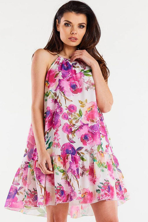 Chic Ruffle-Trim Chiffon Dress with Adjustable Elastic Waist