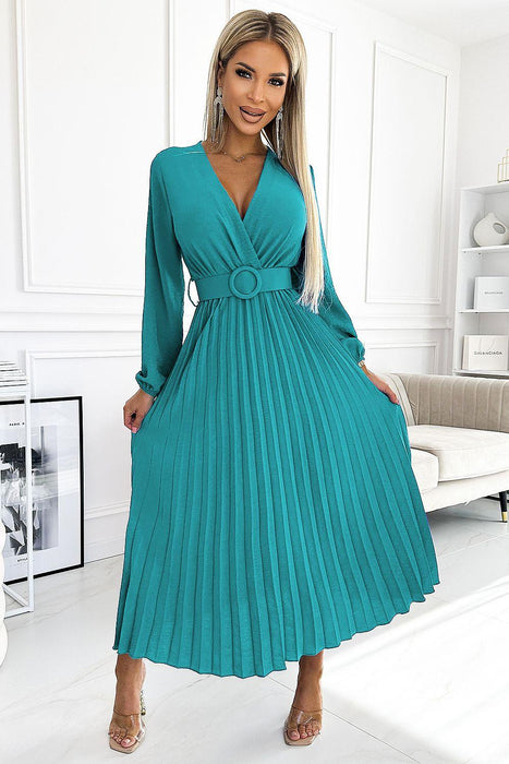 Sophisticated Ocean-Inspired Pleated Midi Dress with Elegant Envelope Neckline - Perfect for Any Occasion