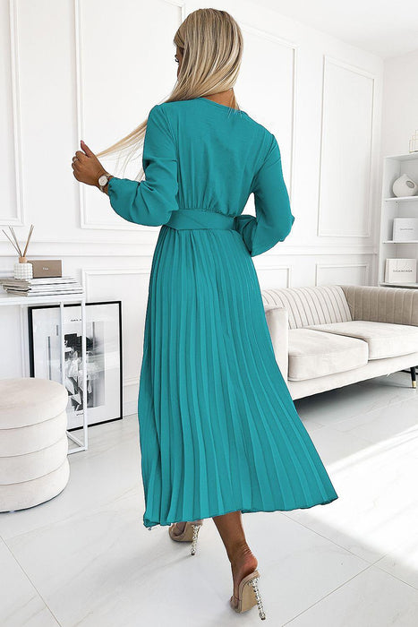 Sophisticated Ocean-Inspired Pleated Midi Dress with Elegant Envelope Neckline - Perfect for Any Occasion