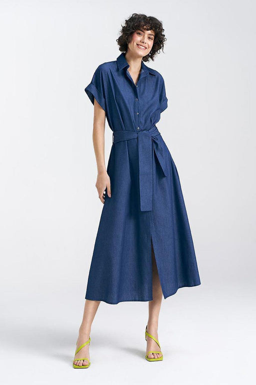 Elegant Denim Midi Dress with Kimono Sleeves and Snap Closure