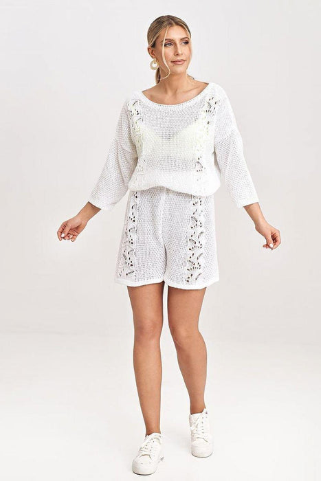 Chic Lace-Trimmed Knit Blouse and Shorts Set