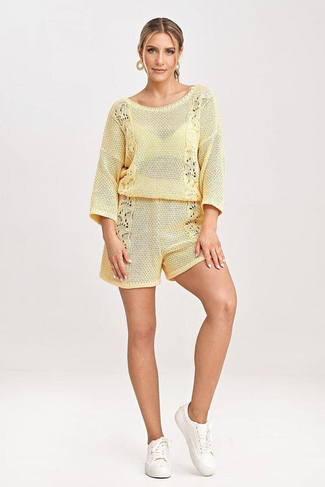 Chic Lace-Trimmed Knit Blouse and Shorts Set