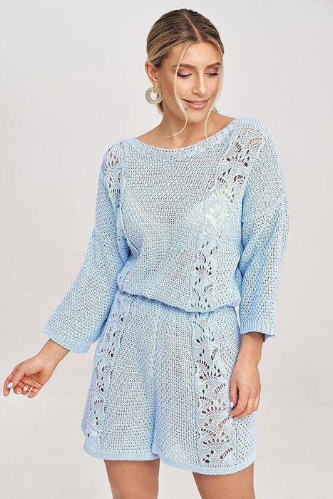 Chic Lace-Trimmed Knit Blouse and Shorts Set