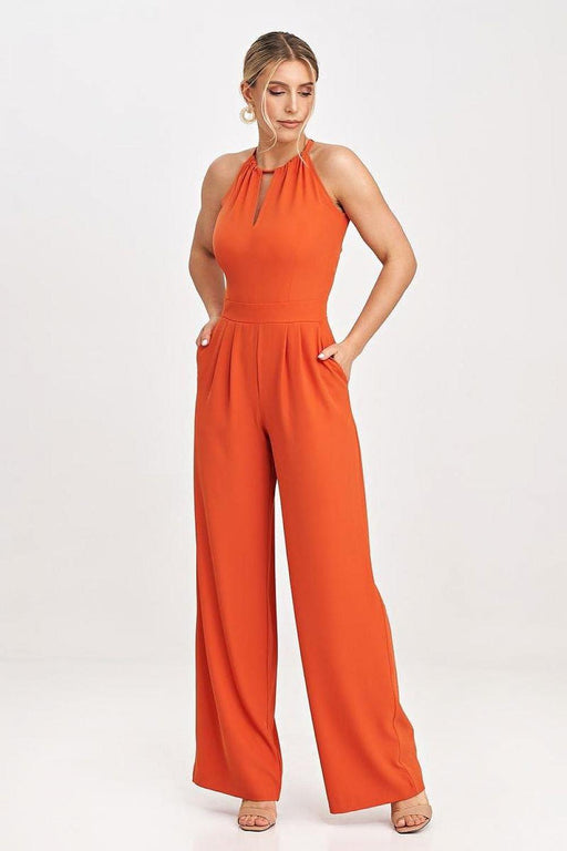 Elegant Sleeveless Wide-Leg Jumpsuit with Stylish Neck Tie Detail