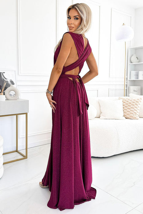 Burgundy Brocade Maxi Dress with Versatile Styling Options