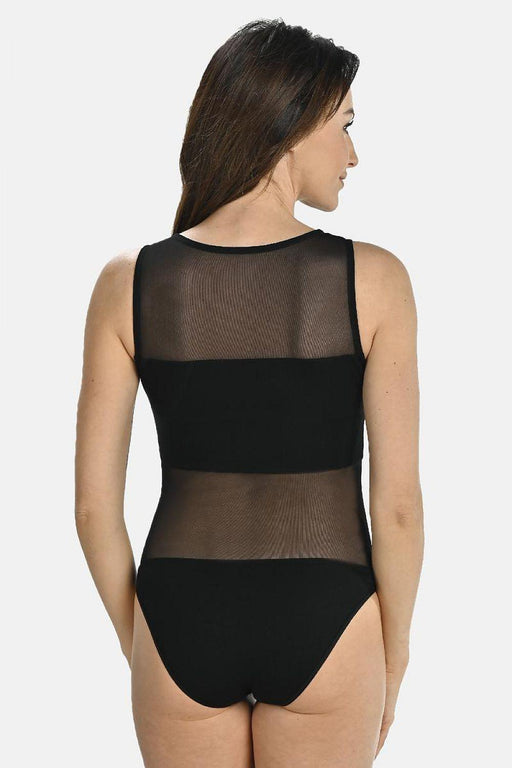 Elegant Black Viscose Bodysuit with Mesh Accents