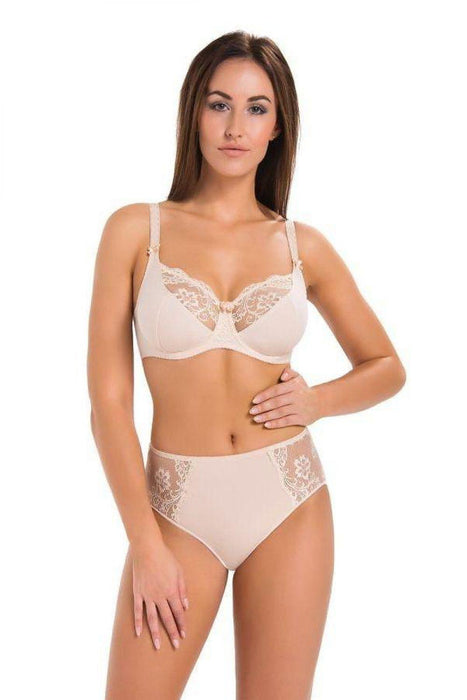 Chic Beige Cotton Underwire Bra with Delicate Floral Lace Accents