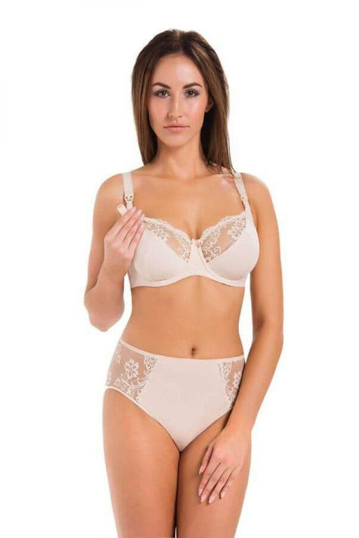 Beige Floral Lace Cotton Underwire Nursing Bra - Ultra Comfortable Maternity Wear