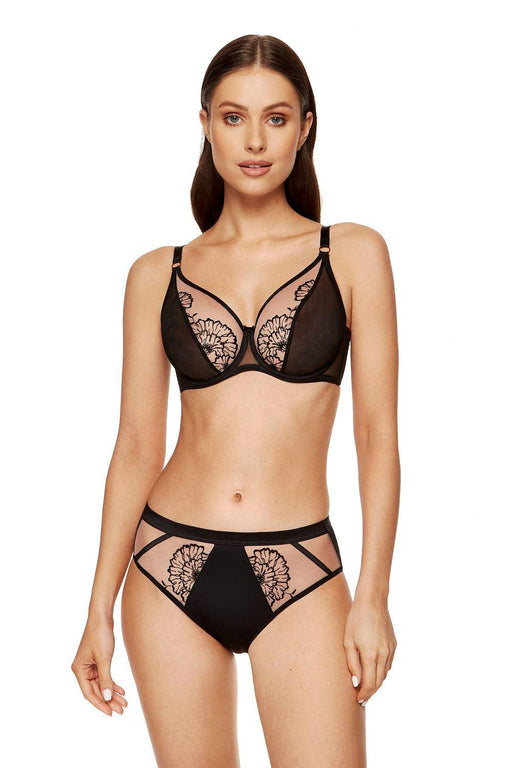 Chic Sheer Black and Beige Embroidered Bra with Luxurious Gold Details