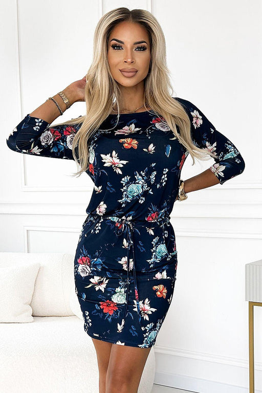 Navy Blue Floral Pocketed Day Dress for Effortless Style