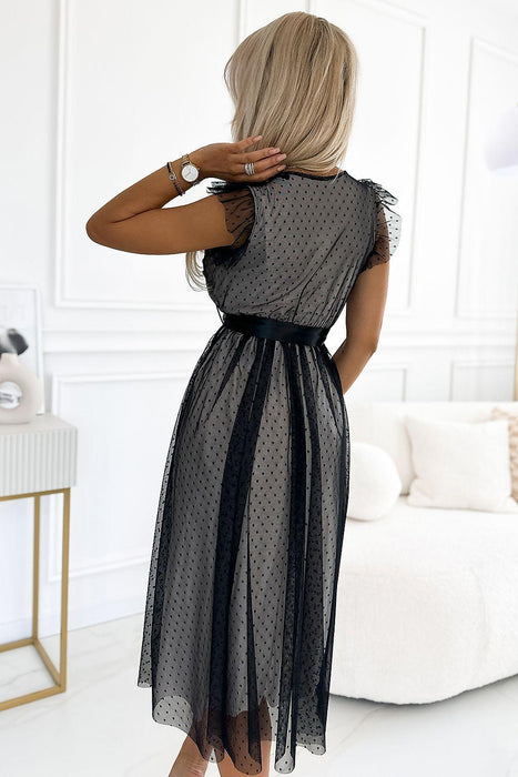 Chic Black Dotted Tulle and Lace Evening Gown by Numoco