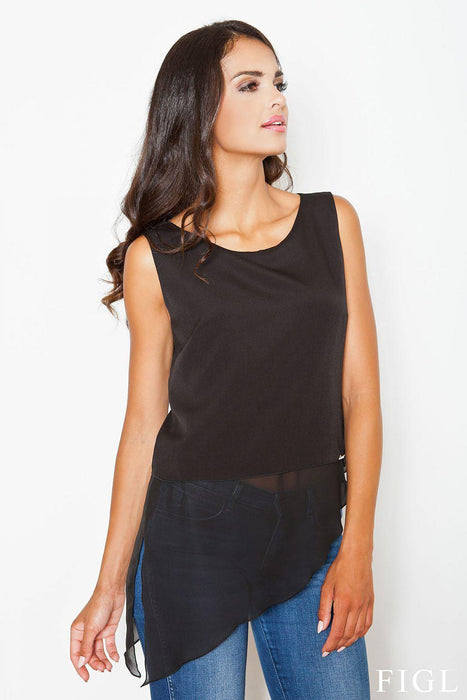 Sophisticated Asymmetrical Sleeveless Top with Stylish Metal Logo Detail