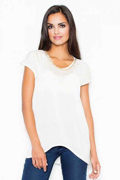 Asymmetrical Short Sleeve Blouse with Gold Chain Detail