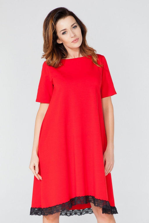 Chic Short Sleeve Dress with Lace Details and Convenient Pockets