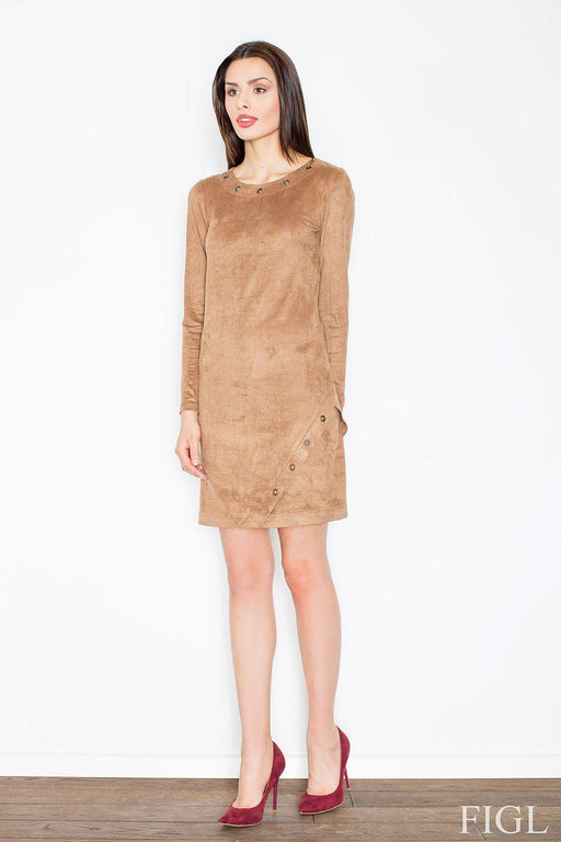 Chic Mini Dress with Suede Feel and Elegant Metal Ring Accents - Daytime Elegance Collection