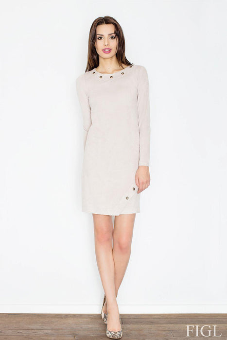 Elegant Long Sleeve Faux Suede Dress with Decorative Metal Accents - Model 52603