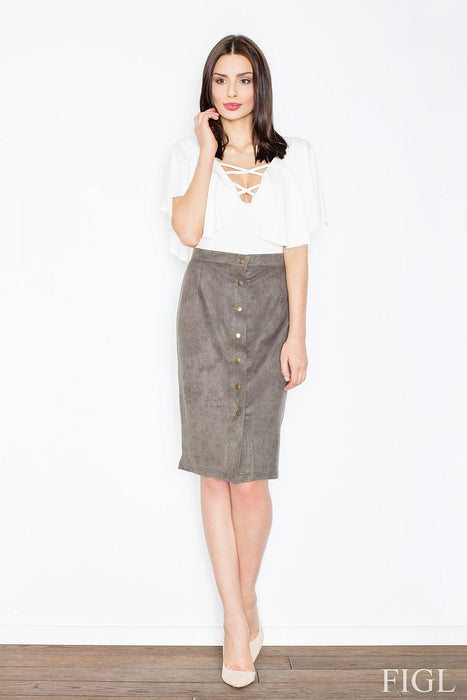 Chic Suede-Inspired Pencil Skirt with Unique Fastening Feature