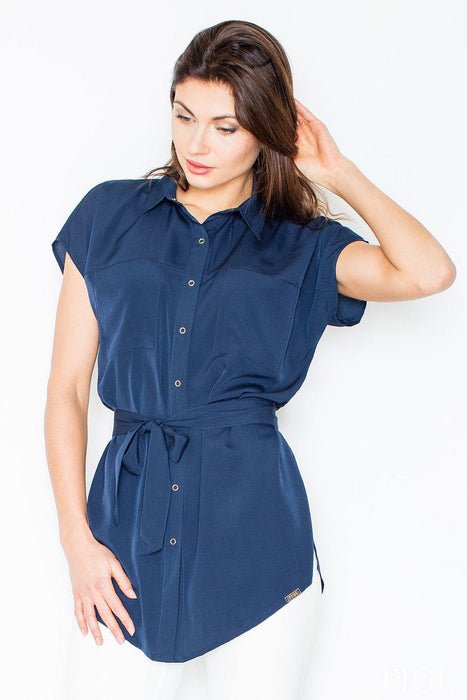 Elegant Short Sleeve Blouse with Adjustable Waist Detail and Trendy Pockets