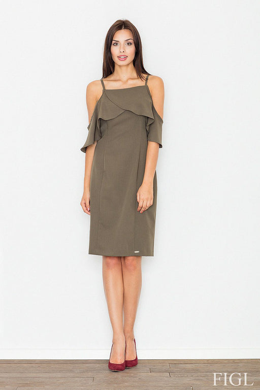 Chic Shoulder-Baring Knit Day Dress with Frill Embellishments