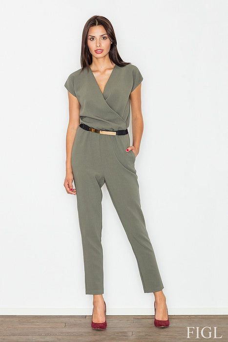 Elegant Envelope Top Jumpsuit Set with Waist Belt - Figure-Enhancing Style