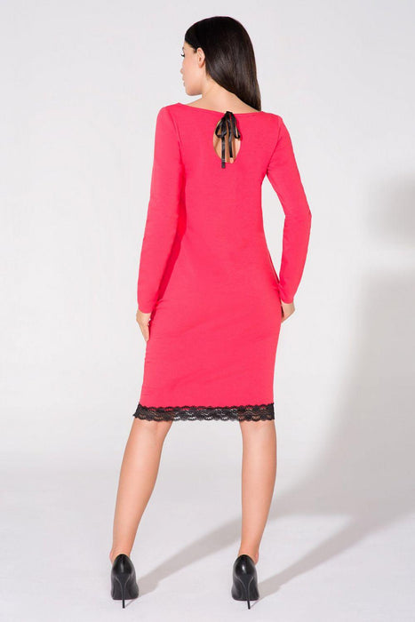 Chic Lace-Trimmed Sweatshirt Dress with Satin Bow Accent