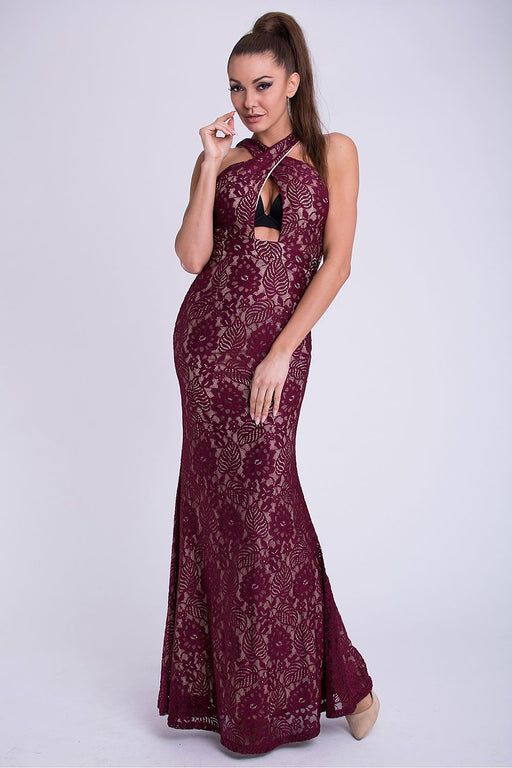 Elegant Burgundy Lace Evening Gown