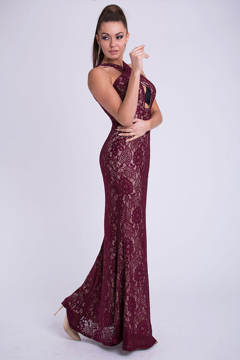 Elegant Burgundy Lace Evening Gown