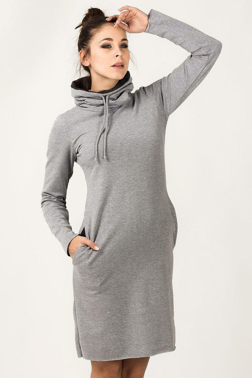 Versatile Knit Sweater Dress with Adjustable Funnel Neck and Functional Side Pockets