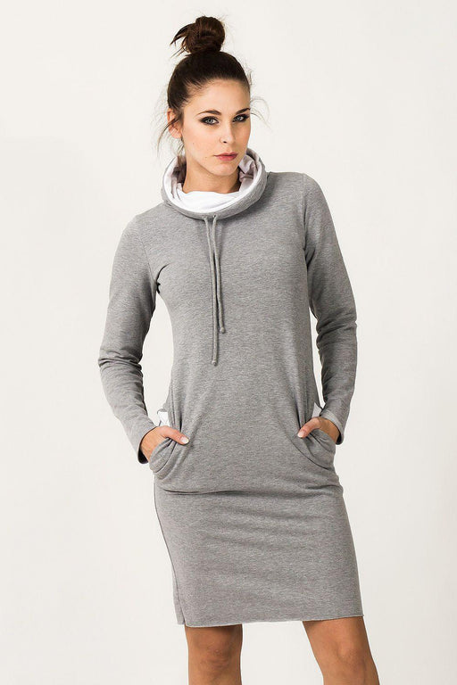 Sporty Knit Sweatshirt Dress with Chimney Neckline and Side Slit Pockets