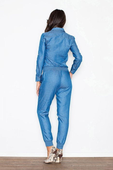 Sophisticated Denim-Look Suit Set with Comfortable Elastic Waist and Elegant Button-Up Blouse