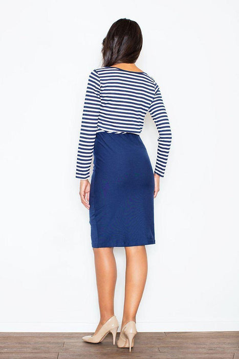 Chic Striped Cotton Midi Dress with Elastic Waist - Figl Model 44477