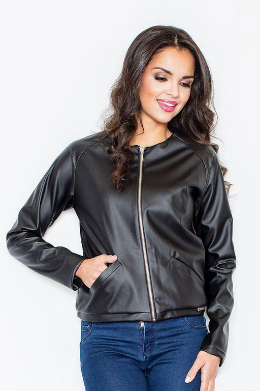 Chic Eco Leather Zip-Up Baseball Jacket with Unique Drawstring Back Detail