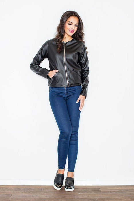 Chic Eco Leather Zip-Up Baseball Jacket with Unique Drawstring Back Detail