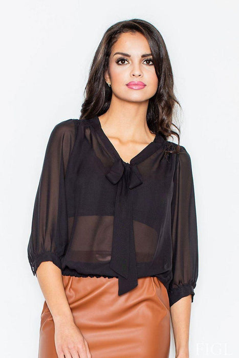 Chic Mist Blouse with Elegant Neck Tie and Decorative Hem