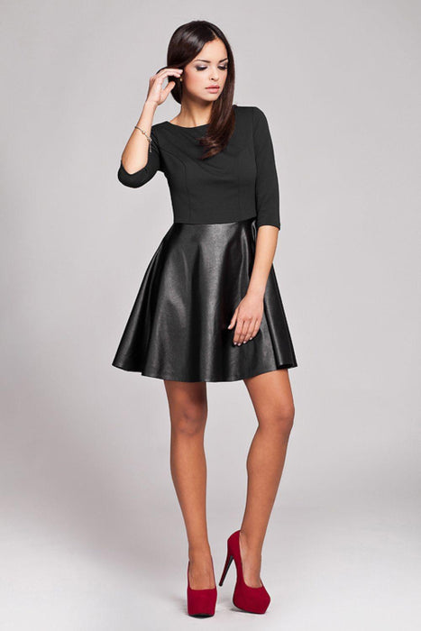 Sustainable Elegance: Redingote Cocktail Dress with Eco-Friendly Leather Accents and 3/4 Sleeves