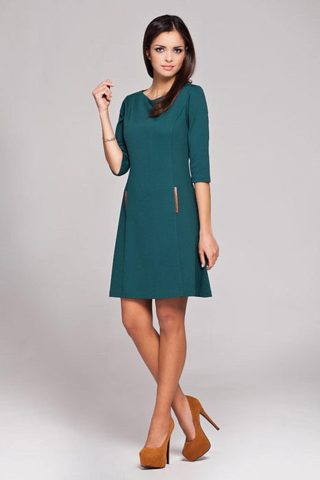 Sustainable Chic Trapeze Dress with Stylish Leather Pocket