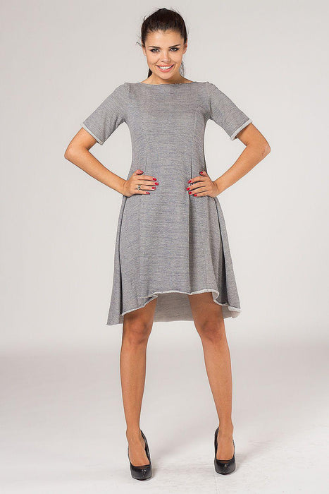 Elegant Grey Quilted Dress with Unique Back Design and Stylish Flare