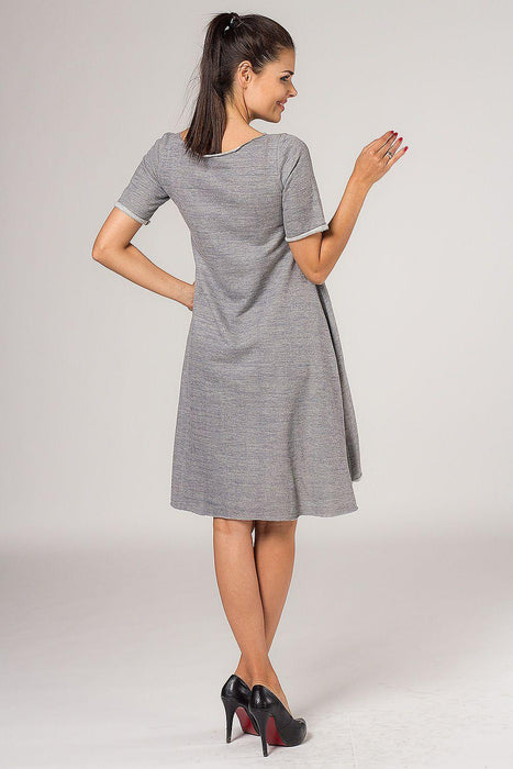 Elegant Grey Quilted Dress with Unique Back Design and Stylish Flare