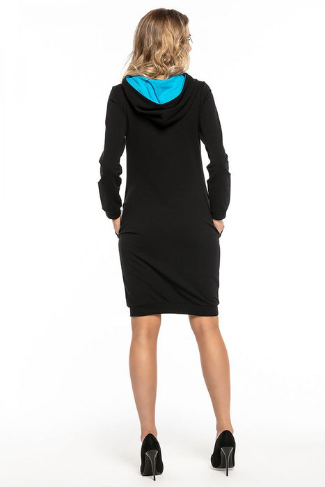 Sporty Urban Black Cotton Hooded Dress with Color-Block Accents