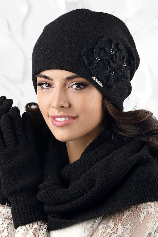 Elegant Floral Wool Beanie with Sparkling Zircon Details