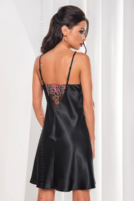 Elegant Black Satin Nightgown with Romantic Floral Accents