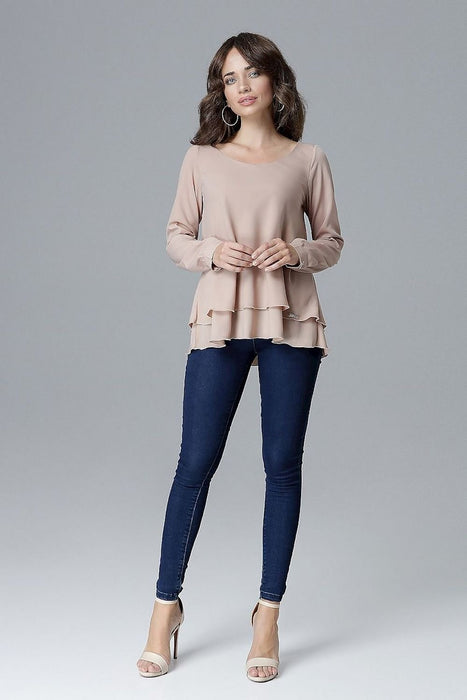 Chic Frill-Embellished Long Sleeve Blouse with Half-Round Neck