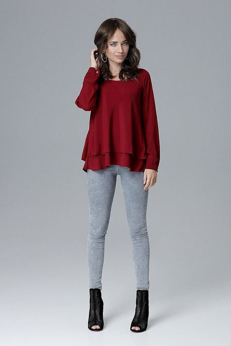 Chic Frill-Embellished Long Sleeve Blouse with Half-Round Neck