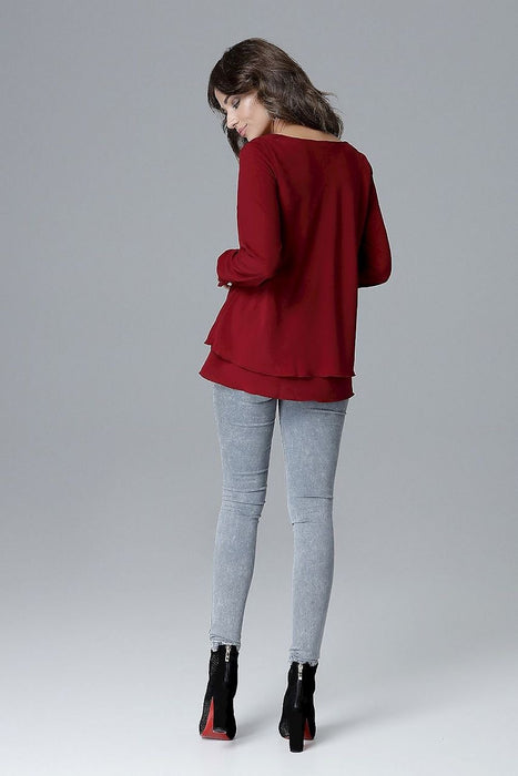 Chic Frill-Embellished Long Sleeve Blouse with Half-Round Neck